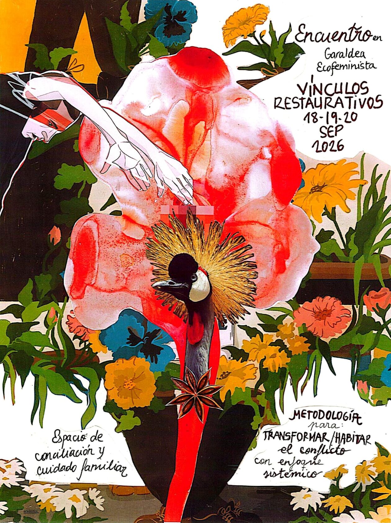 Cartel informativo del encuentro Vinculos Restaurativos con flores superpuestas en forma de corazón, tallos, hojas y ramas, todo ello en tonos rojos, verdes y amarillos principalmente