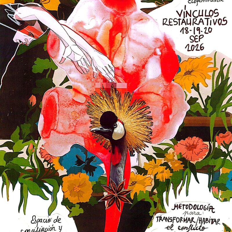 Cartel informativo del encuentro Vinculos Restaurativos con flores superpuestas en forma de corazón, tallos, hojas y ramas, todo ello en tonos rojos, verdes y amarillos principalmente